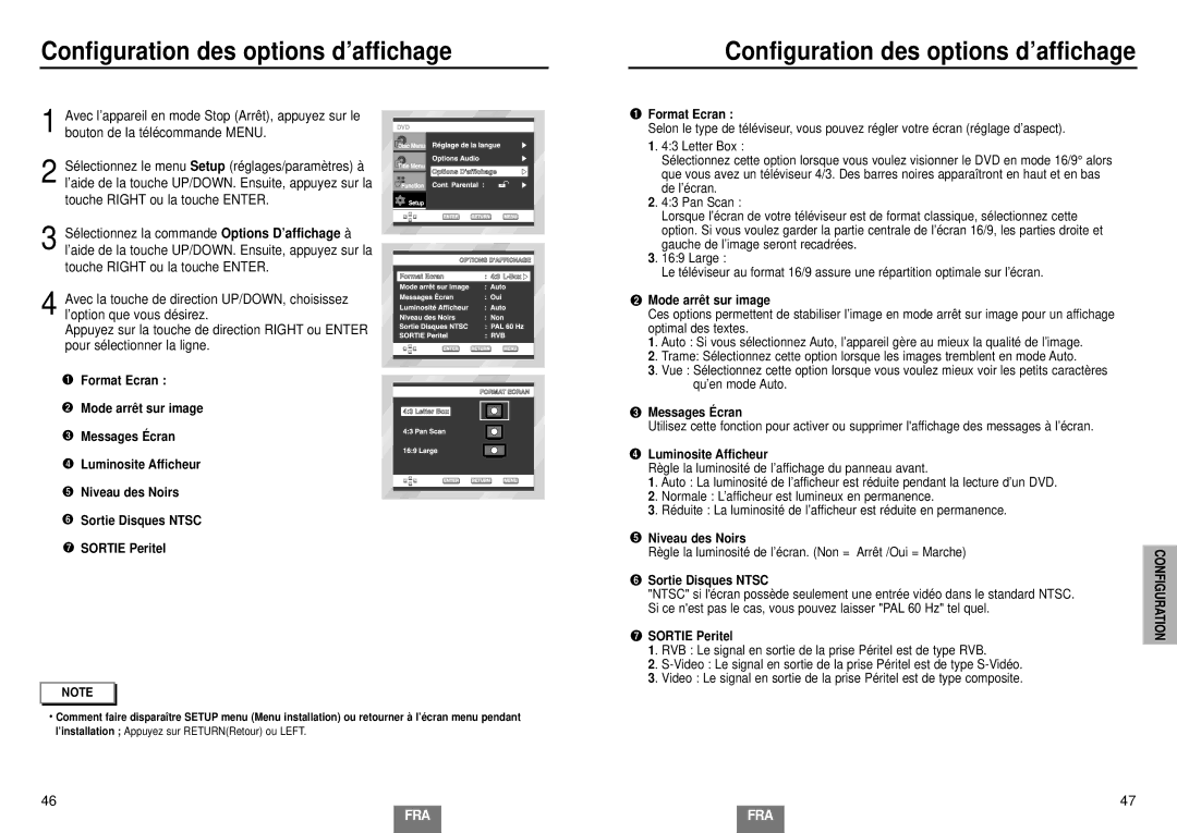 Samsung DVD-E232/XEL, DVD-E435/XEL Configuration des options d’affichage, Format Ecran, Sortie Peritel Sortie Disques Ntsc 