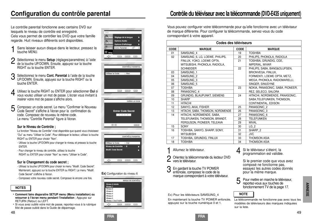 Samsung DVD-E235/XEL manual Configuration du contrô le parental, Codes des té lé viseurs, Sur le Niveau de Contrô le 