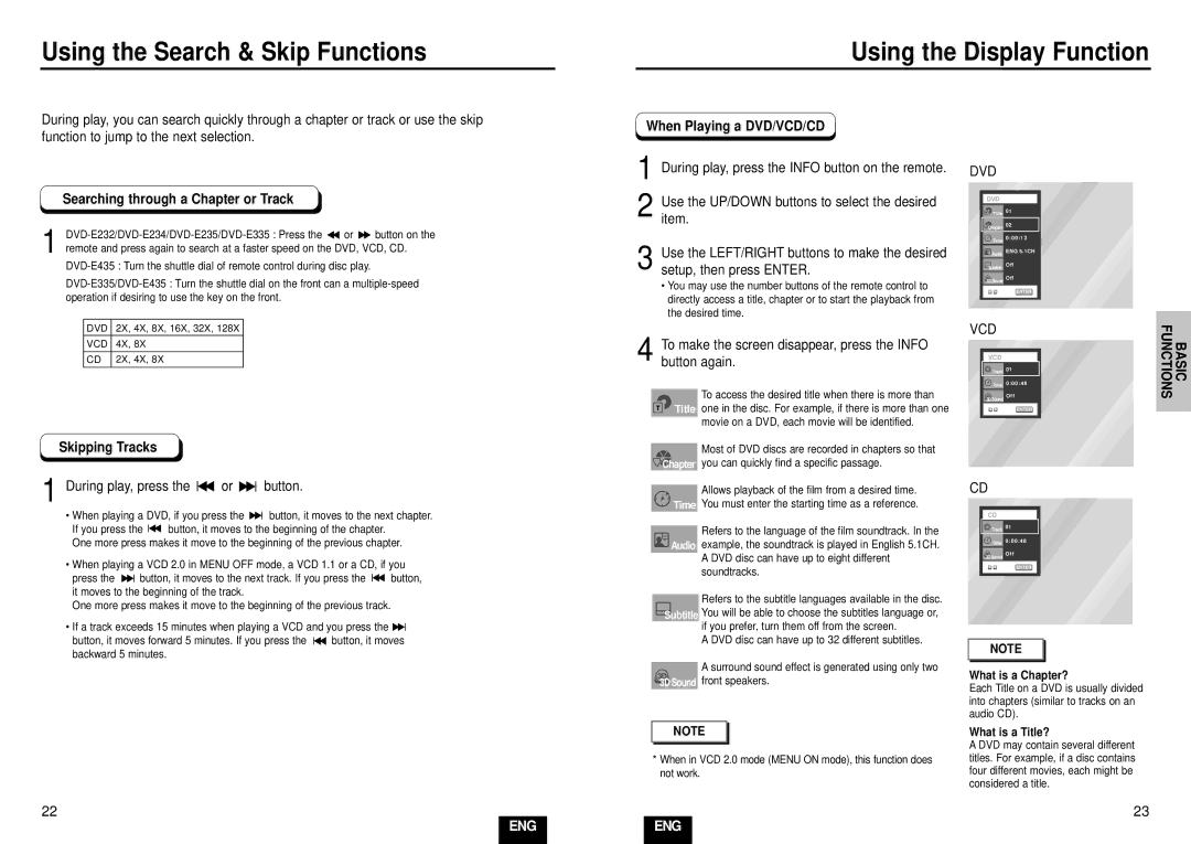 Samsung DVD-E435/XEC, DVD-E435/XEL Searching through a Chapter or Track, Skipping Tracks, During play, press the or button 