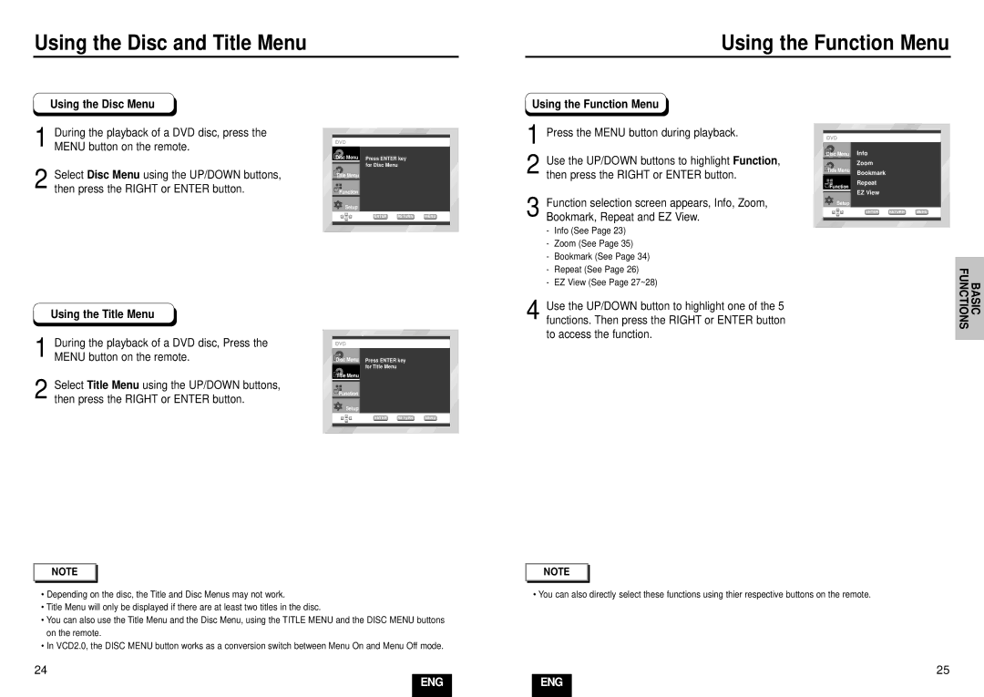 Samsung DVD-E335/XEC, DVD-E435/XEL, DVD-E234/XEL, DVD-E335/XEL, DVD-E232/XEL, DVD-E235/XEL manual Using the Function Menu 