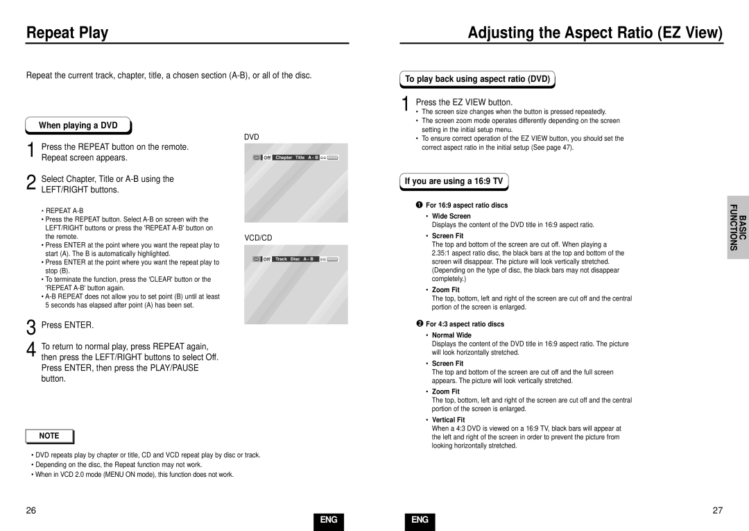 Samsung DVD-E234/XEC manual Repeat Play, Adjusting the Aspect Ratio EZ View, When playing a DVD, If you are using a 169 TV 