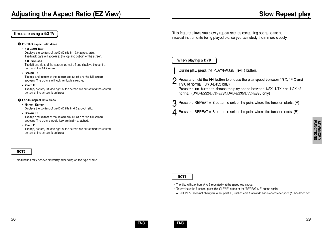 Samsung DVD-E235/XEE, DVD-E435/XEL, DVD-E234/XEL manual Slow Repeat play, If you are using a 43 TV, Functions Advanced 