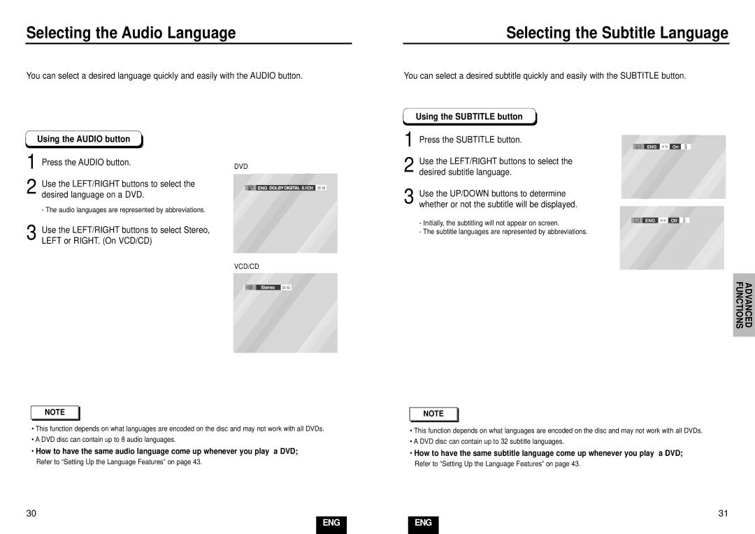 Samsung DVD-E234/XEE, DVD-E435/XEL Selecting the Audio Language, Selecting the Subtitle Language, Using the Audio button 