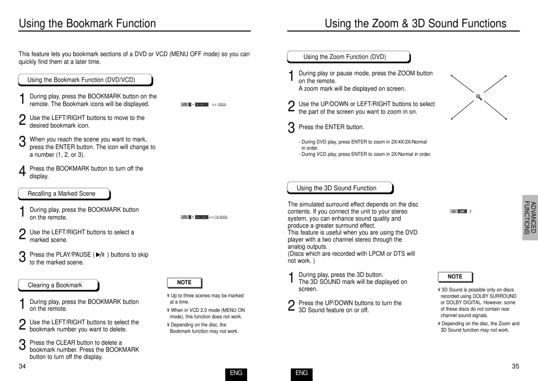 Samsung DVD-E232/XEE manual Using the Bookmark Function, Using the Zoom & 3D Sound Functions, Recalling a Marked Scene 