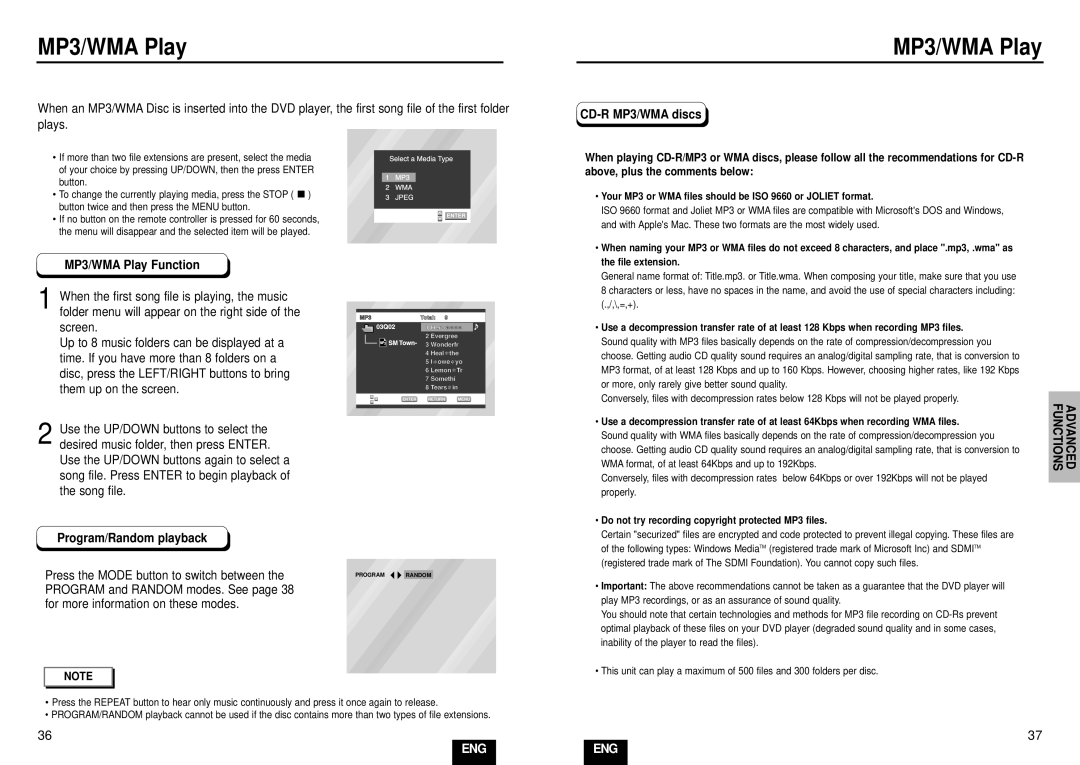 Samsung DVD-E335/XEH manual MP3/WMA Play Function, Program/Random playback, Press the Mode button to switch between 