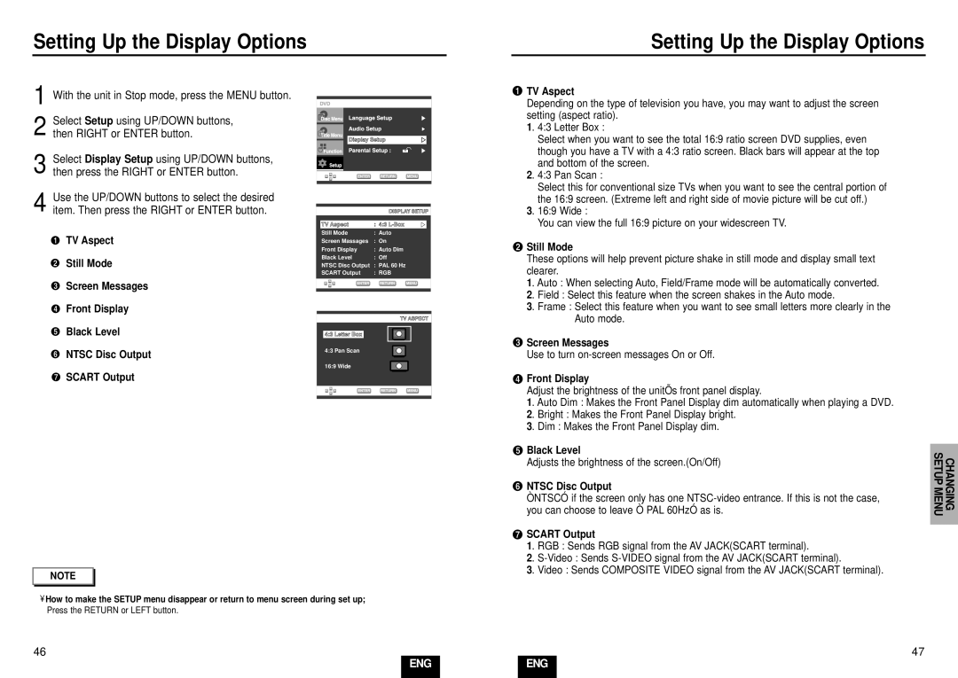 Samsung DVD-E232/XEL, DVD-E435/XEL, DVD-E234/XEL, DVD-E335/XEL manual Setting Up the Display Options, Changing Setup Menu 