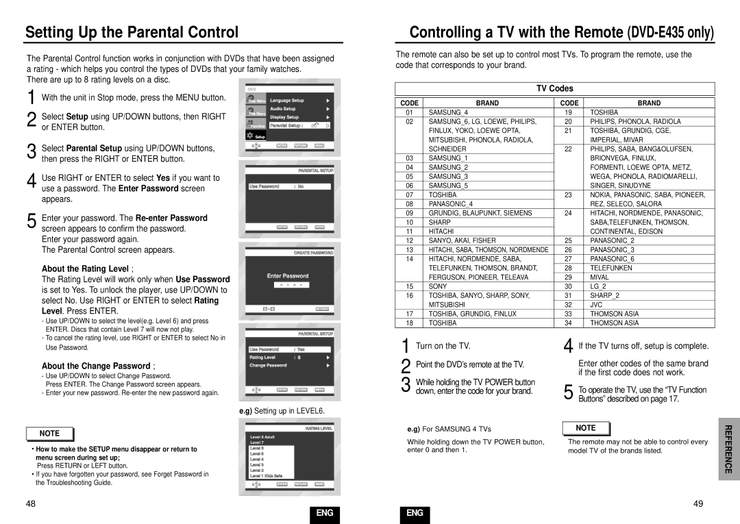 Samsung DVD-E235/XEL manual Setting Up the Parental Control, TV Codes, About the Rating Level, About the Change Password 