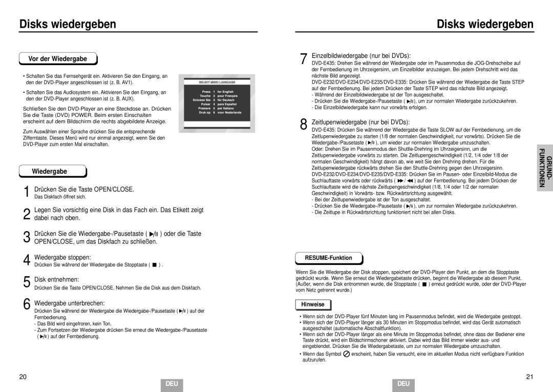 Samsung DVD-E435/XEL manual Disks wiedergeben, Disk entnehmen, Wiedergabe unterbrechen, Einzelbildwiedergabe nur bei DVDs 