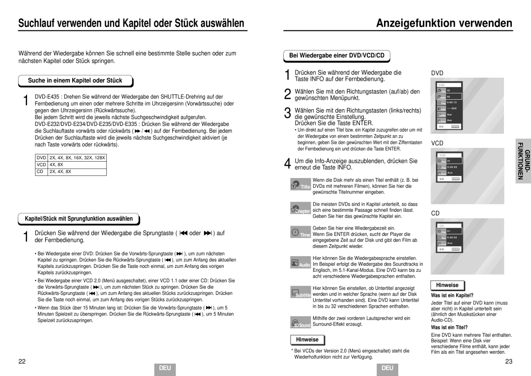 Samsung DVD-E234/XEL manual Anzeigefunktion verwenden, Suche in einem Kapitel oder Stü ck, Bei Wiedergabe einer DVD/VCD/CD 