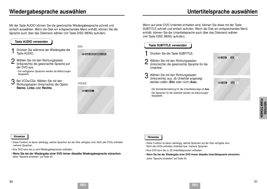 Samsung DVD-E435/XEL, DVD-E234/XEL, DVD-E335/XEL manual Wiedergabesprache auswählen, Untertitelsprache auswählen, Funktionen 