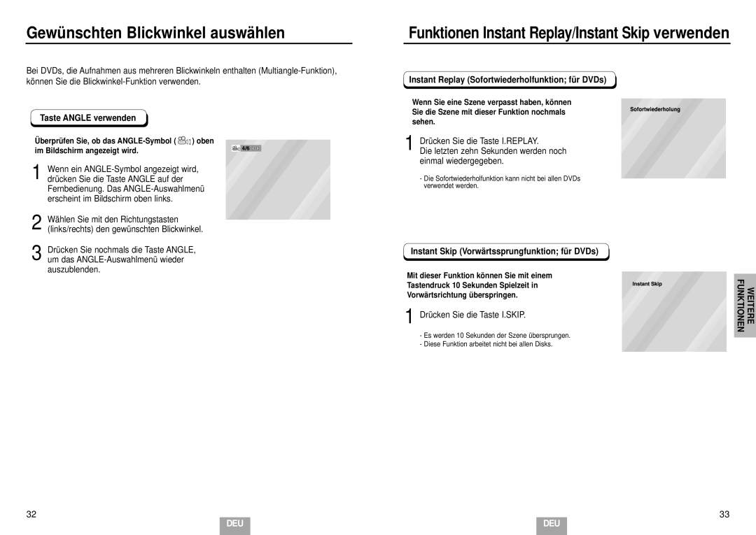 Samsung DVD-E234/XEL manual Gewünschten Blickwinkel auswählen, Taste Angle verwenden, Wenn ein ANGLE-Symbol angezeigt wird 