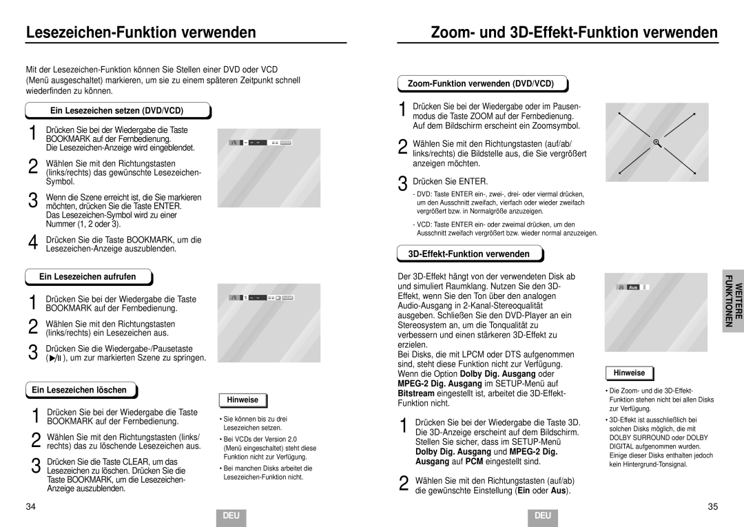 Samsung DVD-E335/XEL Ein Lesezeichen setzen DVD/VCD, Ein Lesezeichen aufrufen, Drücken Sie bei der Wiedergabe die Taste 