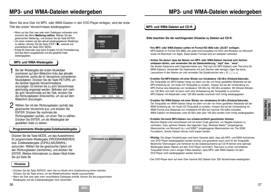 Samsung DVD-E232/XEL MP3- und WMA-Dateien wiedergeben, MP3- und WMA-Wiedergabe, Programmierte Wiedergabe/Zufallswiedergabe 