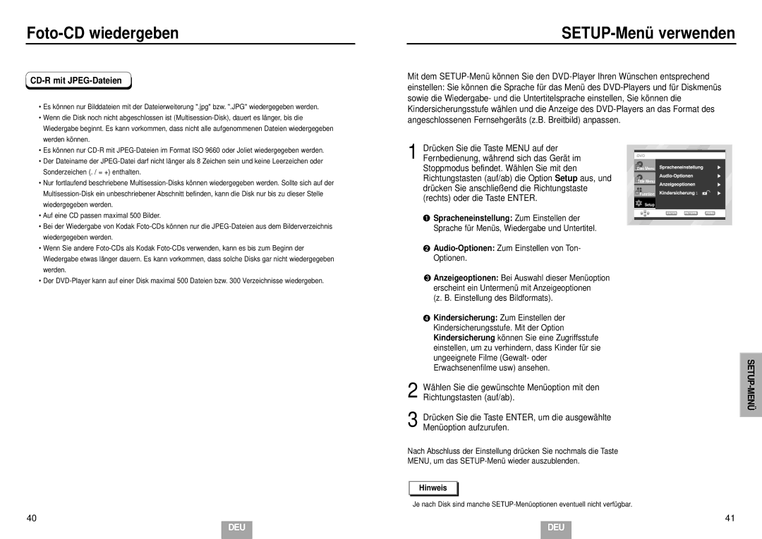 Samsung DVD-E435/XEL, DVD-E234/XEL, DVD-E335/XEL, DVD-E232/XEL, DVD-E235/XEL manual SETUP-Menü verwenden, CD-R mit JPEG-Dateien 