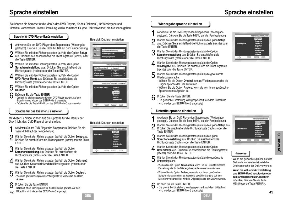 Samsung DVD-E234/XEL, DVD-E435/XEL Sprache einstellen, Wiedergabesprache einstellen, Untertitelsprache einstellen, Enter 