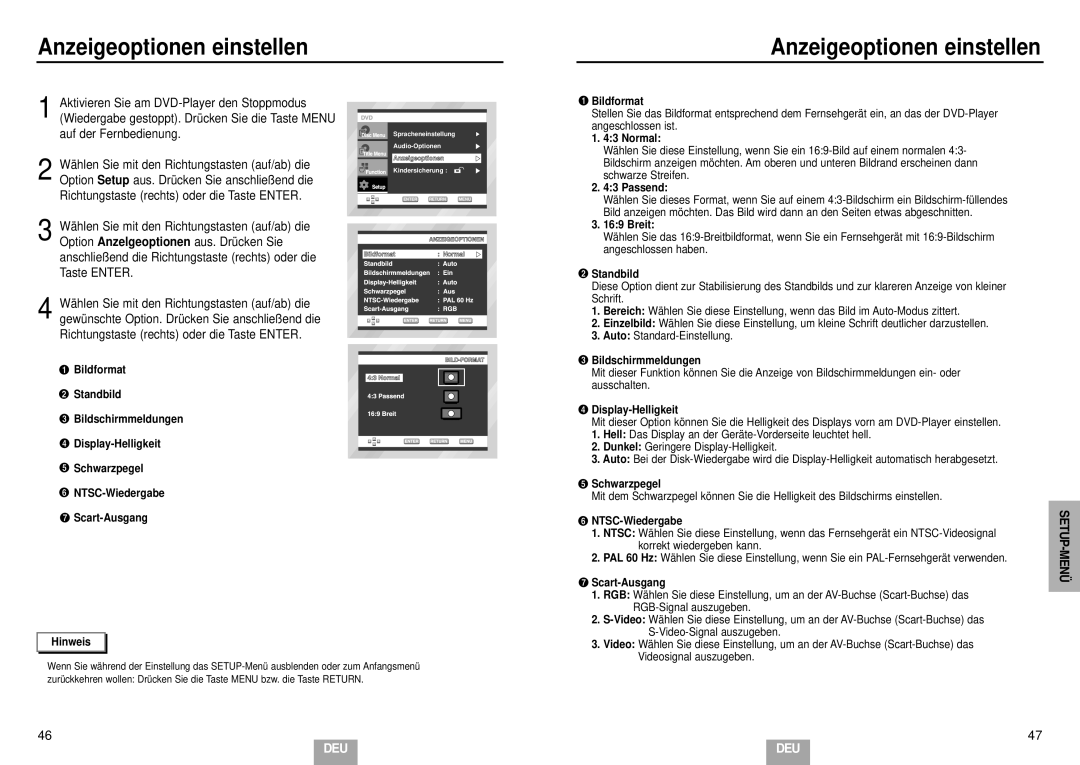 Samsung DVD-E232/XEL, DVD-E435/XEL, DVD-E234/XEL, DVD-E335/XEL, DVD-E235/XEL manual Anzeigeoptionen einstellen 