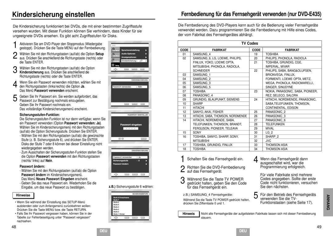 Samsung DVD-E235/XEL, DVD-E435/XEL, DVD-E234/XEL Kindersicherung einstellen, TV Codes, Schalten Sie das Fernsehgerät ein 