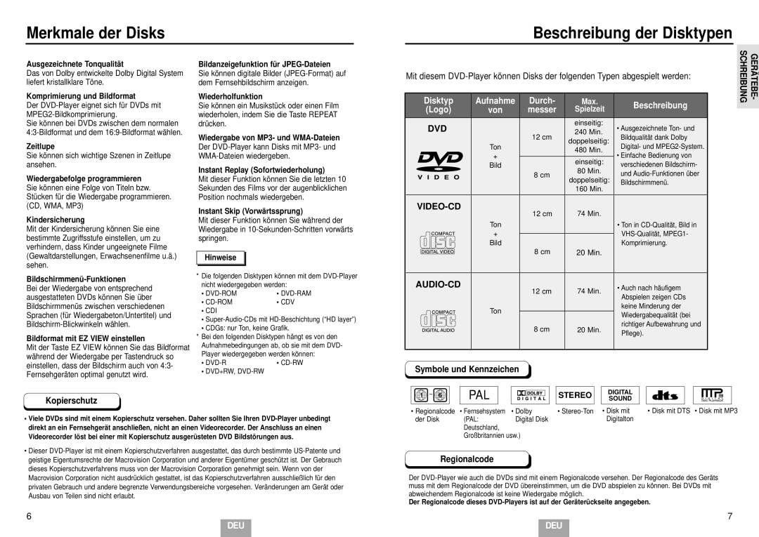 Samsung DVD-E232/XEL manual Merkmale der Disks Beschreibung der Disktypen, Symbole und Kennzeichen Kopierschutz, Stereo 