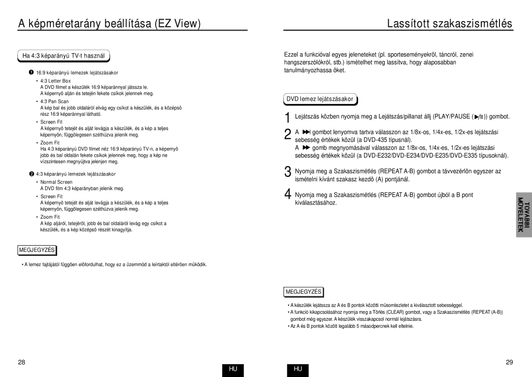 Samsung DVD-E232/XEL, DVD-E435/XEL manual Lassított szakaszismétlés, Ha 43 képarányú TV-t használ, DVD lemez lejátszásakor 