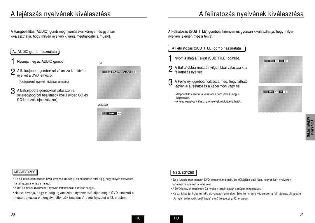 Samsung DVD-E235/XEL manual Lejátszás nyelvének kiválasztása, Feliratozás nyelvének kiválasztása, Az Audio gomb használata 