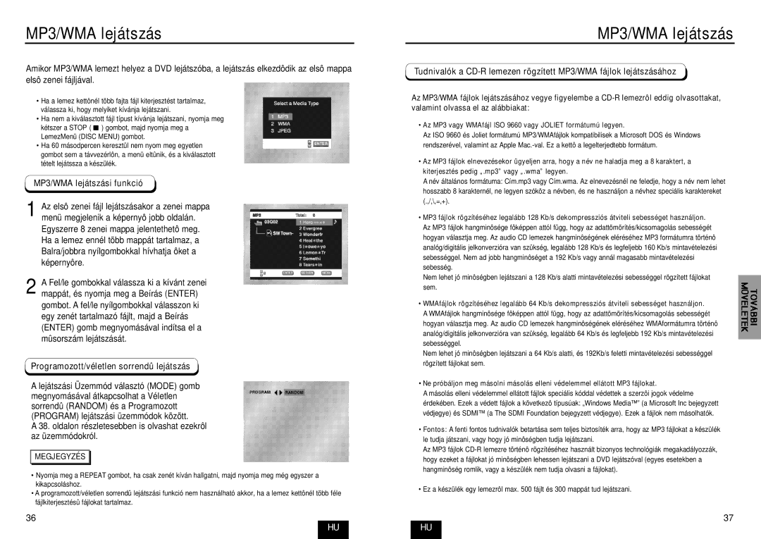 Samsung DVD-E235/XEC, DVD-E435/XEL, DVD-E234/XEL MP3/WMA lejátszási funkció, Programozott/véletlen sorrendû lejátszás 