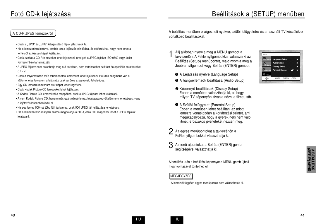 Samsung DVD-E335/XEC, DVD-E435/XEL, DVD-E234/XEL, DVD-E335/XEL manual Beállítások a Setup menüben, CD-R Jpeg lemezekrôl 