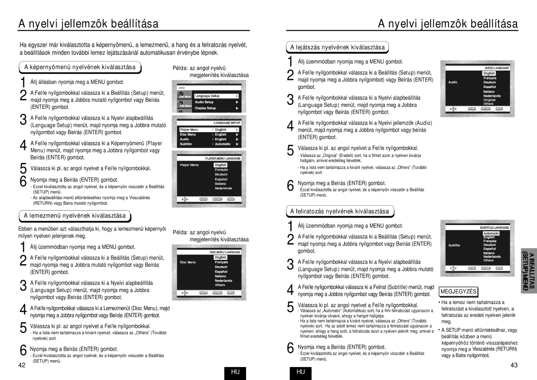 Samsung DVD-E335/XEH Nyelvi jellemzôk beállítása, Lejátszás nyelvének kiválasztása, Képernyômenü nyelvének kiválasztása 