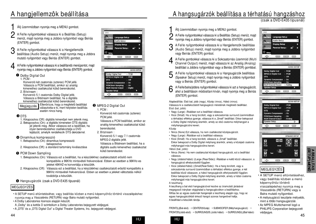 Samsung DVD-E234/XEH, DVD-E435/XEL, DVD-E234/XEL, DVD-E335/XEL, DVD-E232/XEL, DVD-E235/XEL manual Hangjellemzôk beállítása 