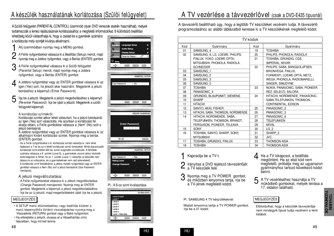 Samsung DVD-E234/XEL Korlátozás mely szintjét kívánja alkalmazni, TV kódok, Jelszó megváltoztatása, Korlátozási szintekrôl 