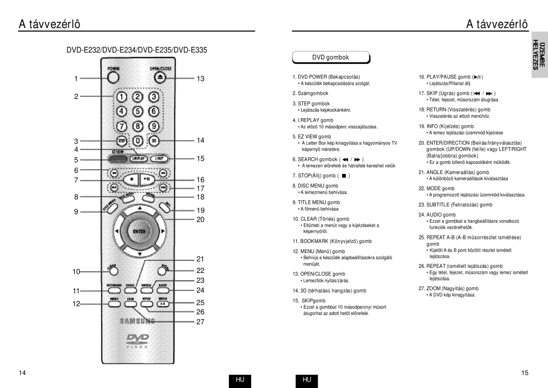 Samsung DVD-E435/XEC, DVD-E435/XEL, DVD-E234/XEL, DVD-E335/XEL, DVD-E232/XEL, DVD-E235/XEL, DVD-E232/XET Távvezérlô, DVD gombok 