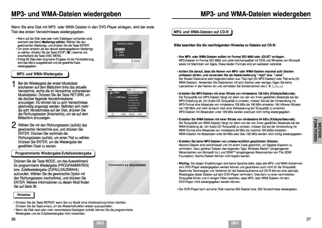 Samsung DVD-E232/XEL MP3- und WMA-Dateien wiedergeben, MP3- und WMA-Wiedergabe, Programmierte Wiedergabe/Zufallswiedergabe 
