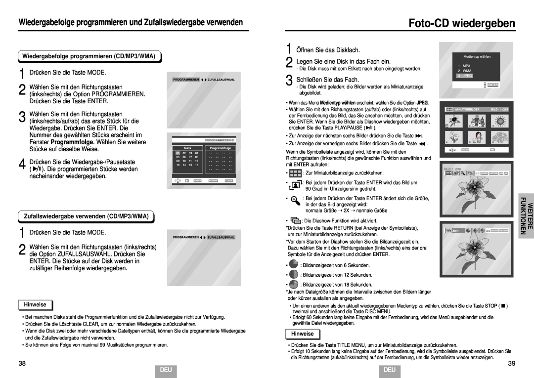 Samsung DVD-E235/XEL manual Foto-CD wiedergeben, Wiedergabefolge programmieren und Zufallswiedergabe verwenden, Hinweise 
