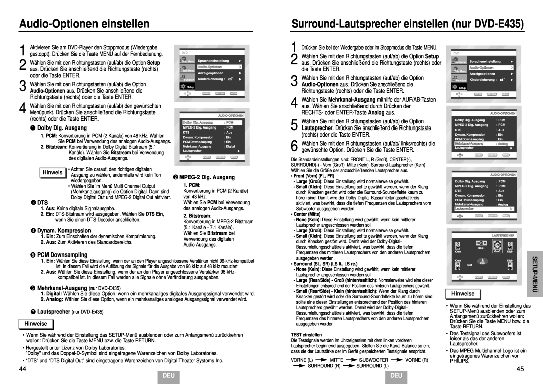 Samsung DVD-E335/XEL Audio-Optionen einstellen, Surround-Lautsprecher einstellen nur DVD-E435, Dolby Dig. Ausgang, Hinweis 