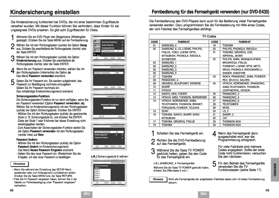 Samsung DVD-E235/XEL Kindersicherung einstellen, TV Codes, Fernbedienung fü r das Fernsehgerät verwenden nur DVD-E435 