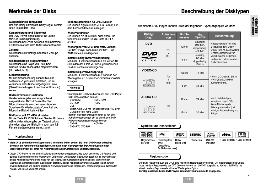 Samsung DVD-E232/XEL Merkmale der Disks, Beschreibung der Disktypen, Video-Cd, Audio-Cd, Aufnahme, Durch, Logo, Stereo 