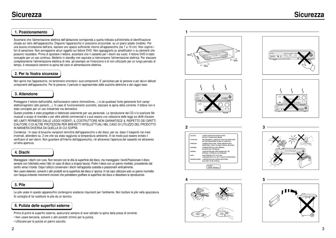 Samsung DVD-E335/XET, DVD-E435/XET, DVD-E232/XET manual Sicurezza 