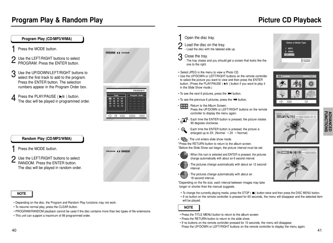 Samsung DVD-E437K, DVD-E537K manual Program Play & Random Play Picture CD Playback, Program Play CD/MP3/WMA, Close the tray 