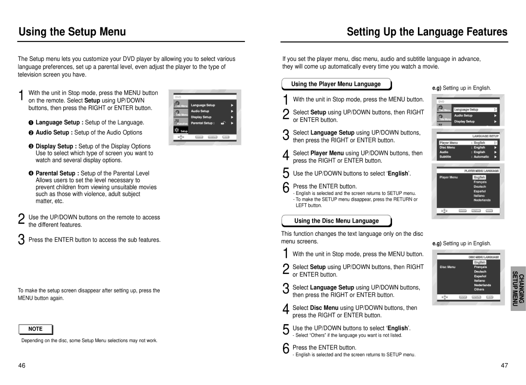 Samsung DVD-E137B Using the Setup Menu, Buttons, then press the Right or Enter button, Using the Player Menu Language 