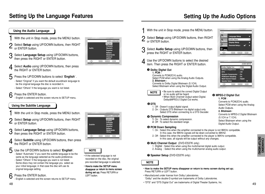 Samsung DVD-E537K, DVD-E437K, DVD-E337K, DVD-1010, DVD-E137B manual Using the Audio Language, Using the Subtitle Language 