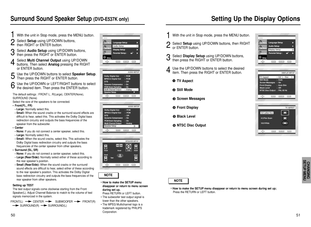 Samsung DVD-E437K, DVD-E537K manual Setting Up the Display Options, FrontFL , FR, Center, Surround SL, SR, Setting up Test 