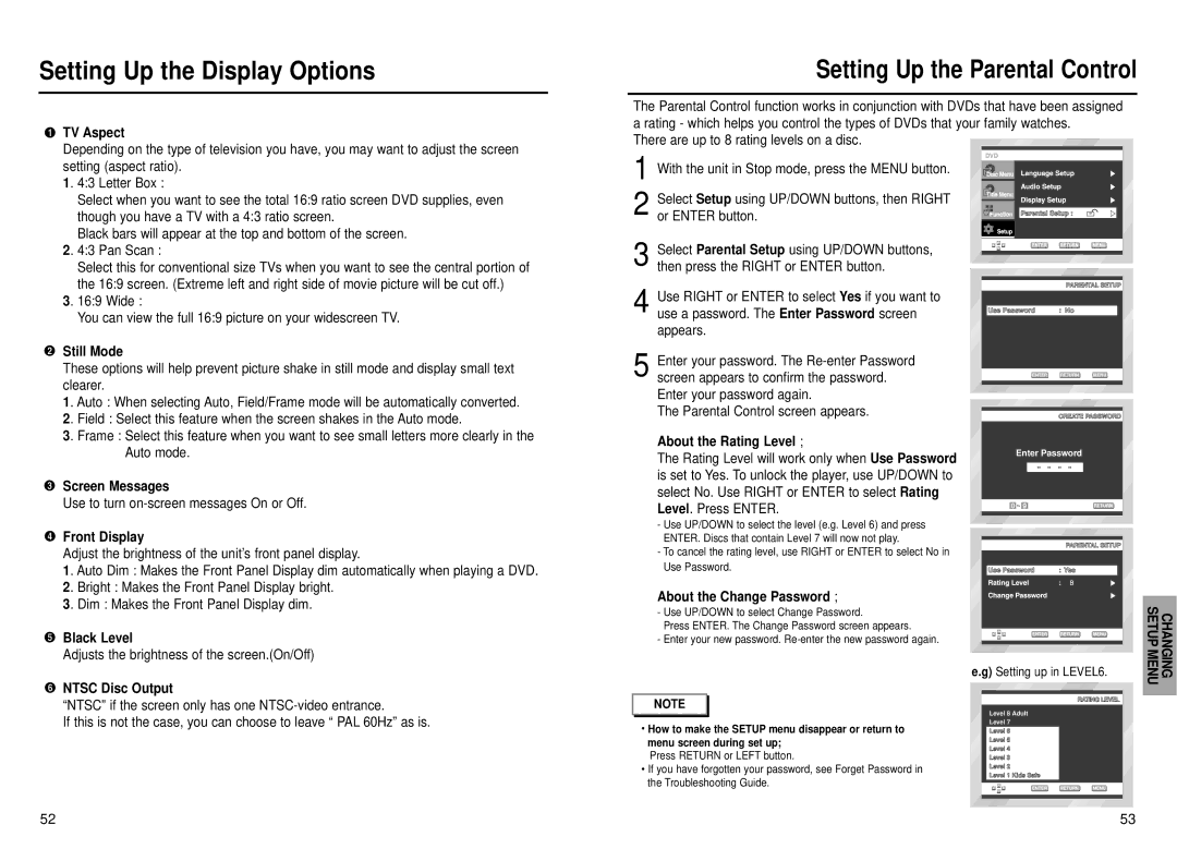 Samsung DVD-E337K, DVD-E537K, DVD-E437K manual TV Aspect, Use to turn on-screen messages On or Off, About the Rating Level 