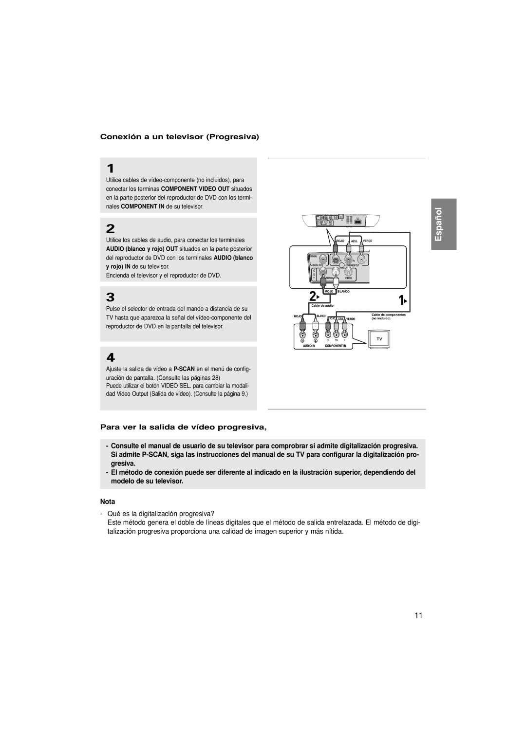 Samsung DVD-F1080/XEC, DVD-F1080/EDC manual Conexión a un televisor Progresiva 