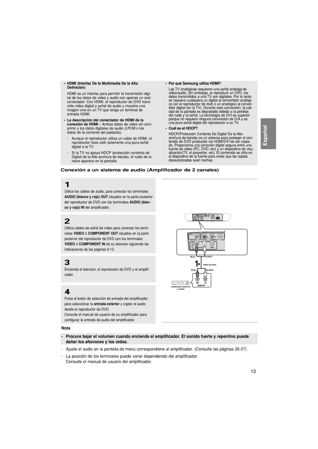 Samsung DVD-F1080/XEC manual Conexión a un sistema de audio Amplificador de 2 canales, Por qué Samsung utiliza HDMI? 