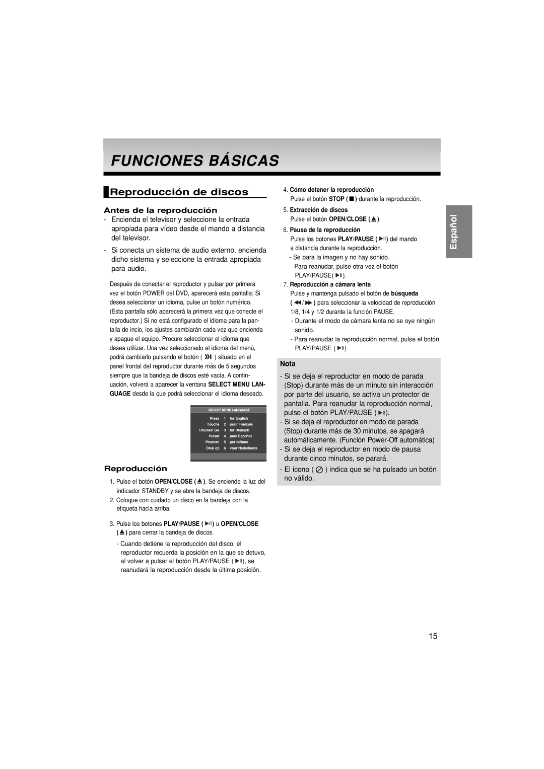 Samsung DVD-F1080/XEC, DVD-F1080/EDC manual Funciones Básicas, Reproducción de discos, Antes de la reproducción 