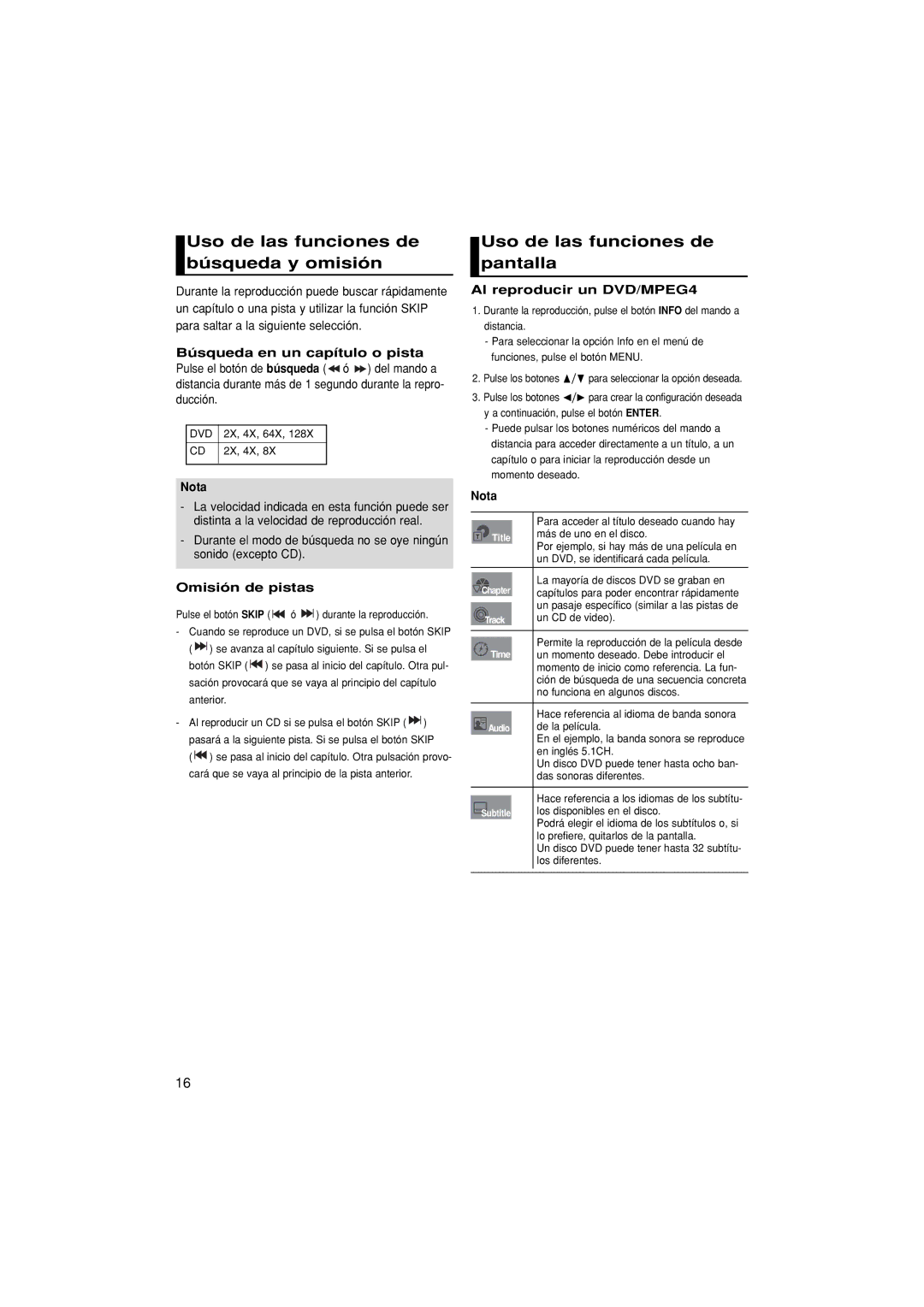 Samsung DVD-F1080/EDC Uso de las funciones de búsqueda y omisión, Uso de las funciones de pantalla, Omisión de pistas 