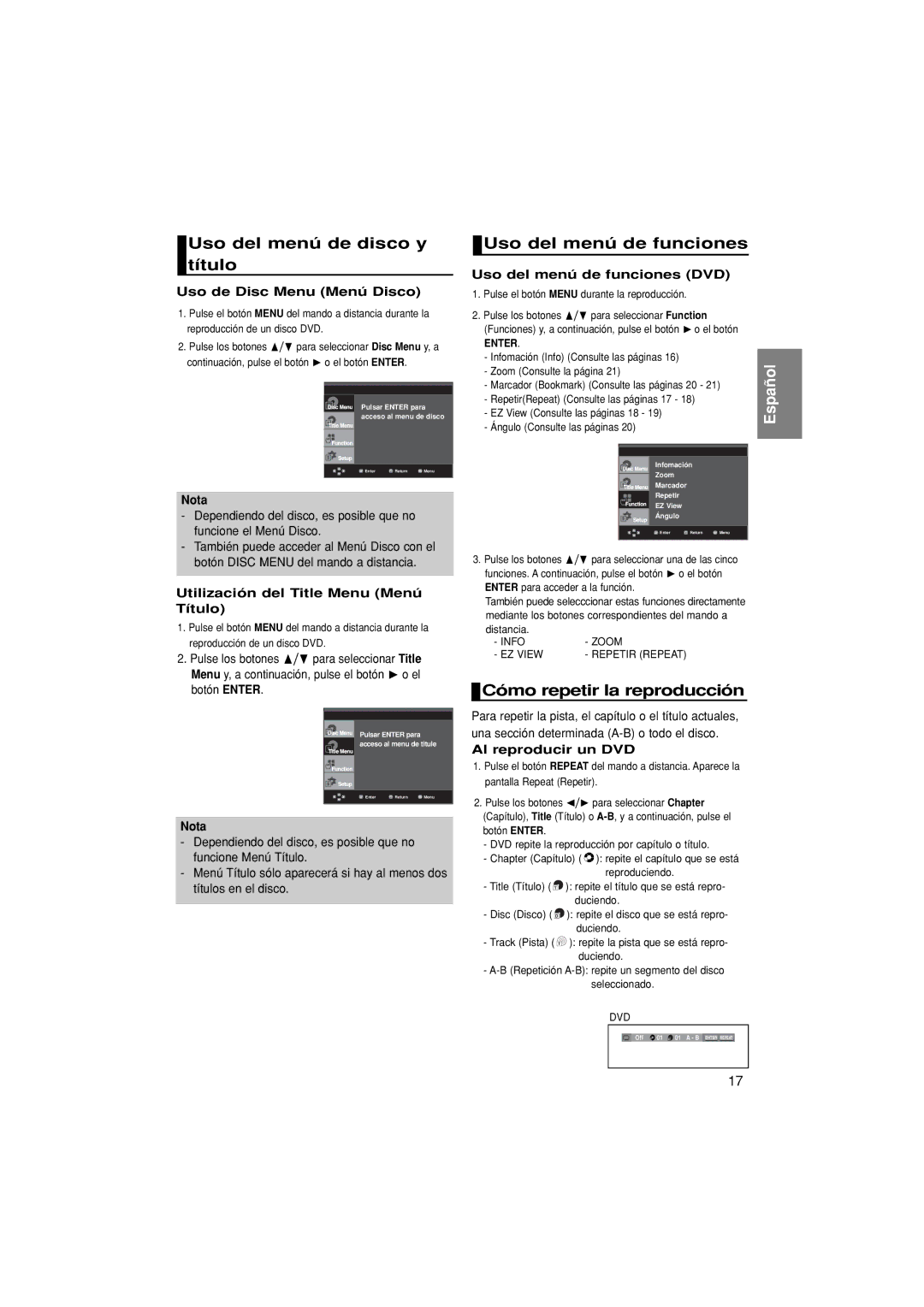 Samsung DVD-F1080/XEC manual Uso del menú de disco y título, Uso del menú de funciones, Cómo repetir la reproducción 