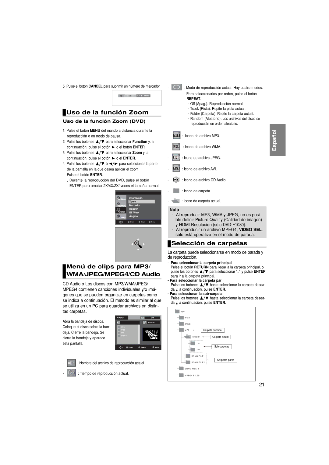 Samsung DVD-F1080/XEC manual Uso de la función Zoom, Menú de clips para MP3/ WMA/JPEG/MPEG4/CD Audio, Selección de carpetas 