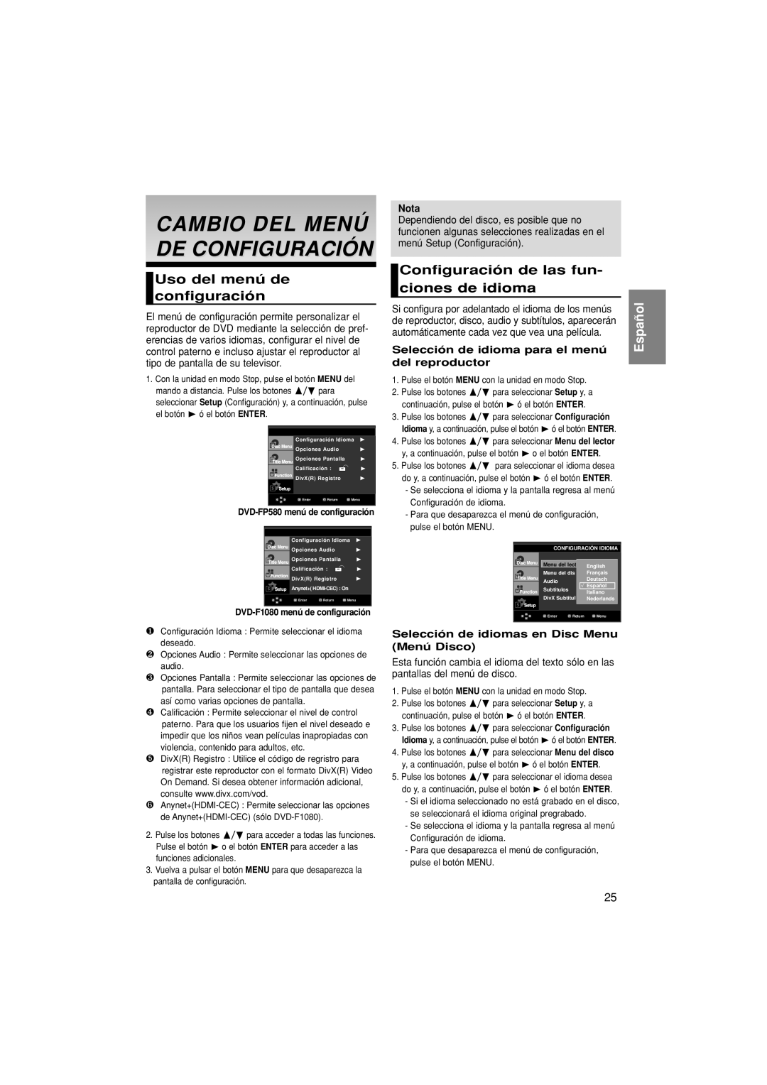 Samsung DVD-F1080/XEC, DVD-F1080/EDC manual Cambio DEL Menú DE Configuración, Uso del menú de configuración 