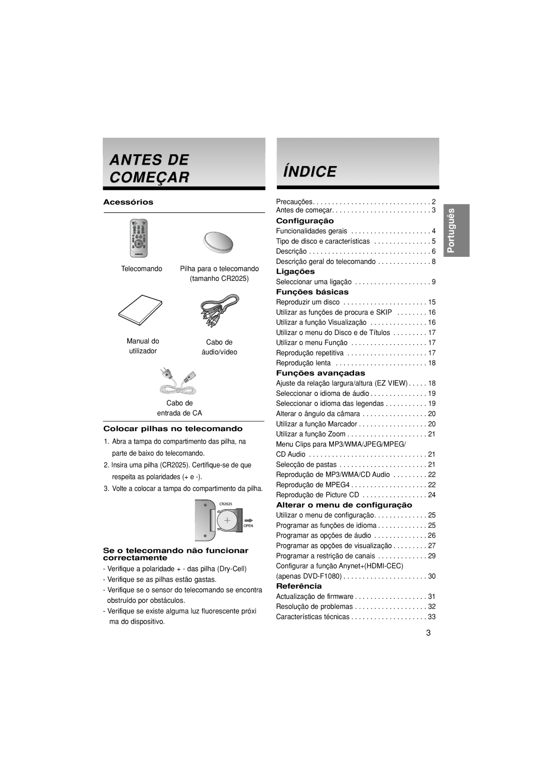 Samsung DVD-F1080/XEC, DVD-F1080/EDC manual Antes DE Começar, Índice 