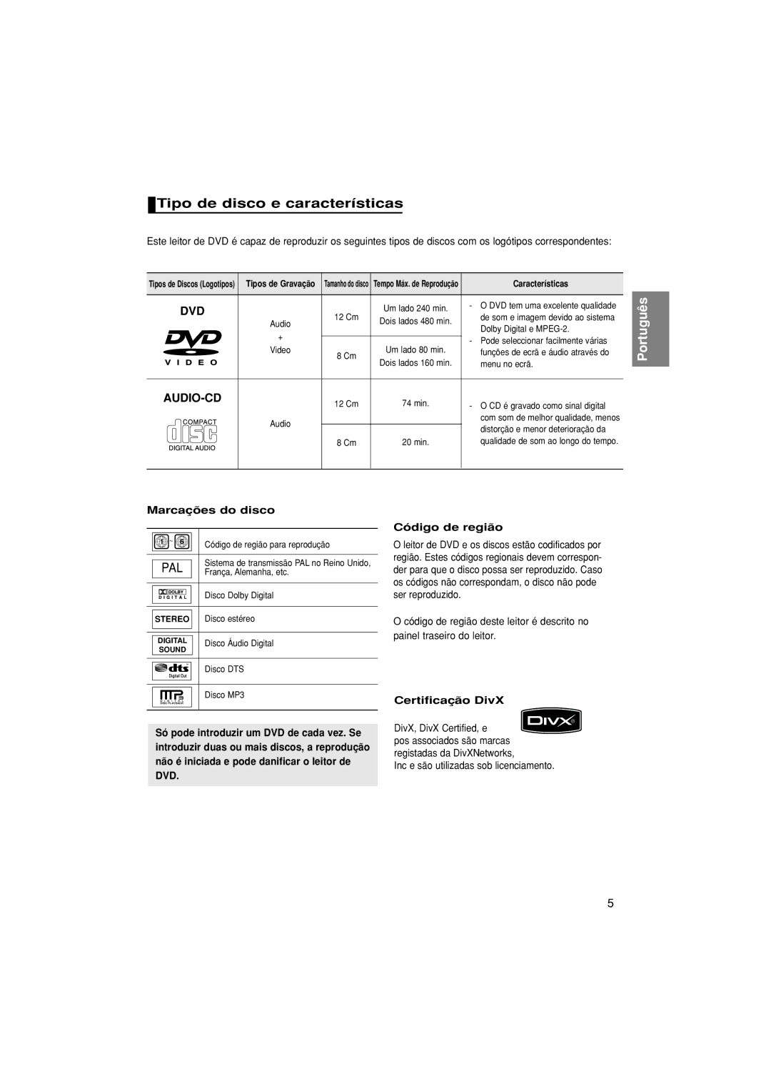 Samsung DVD-F1080/XEC, DVD-F1080/EDC manual Tipo de disco e características, Marcações do disco, Certificação DivX 